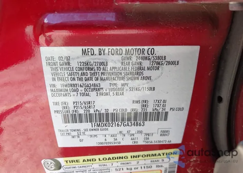 2007 Ford Freestyle Sel from USA, damaged, VIN 1FMDK02167GA34863